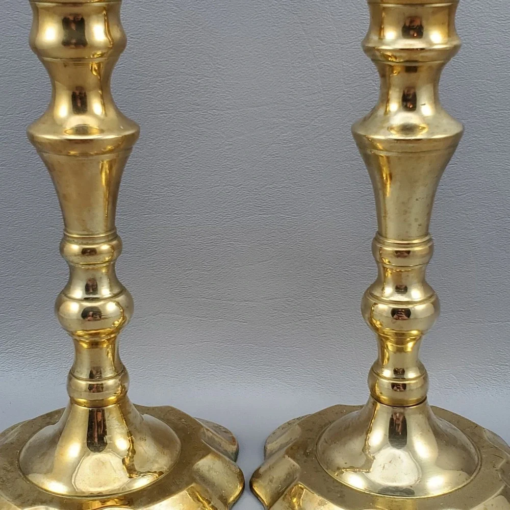 Brass Spindle Tapered Candlesticks Pair Scalloped Base MCM India 8